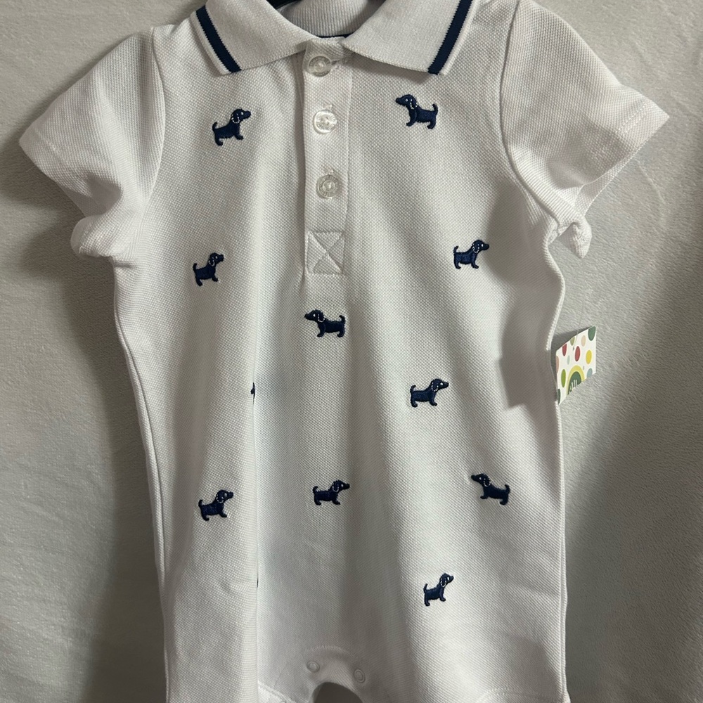 Little Me White Romper with Navy Dog Design
